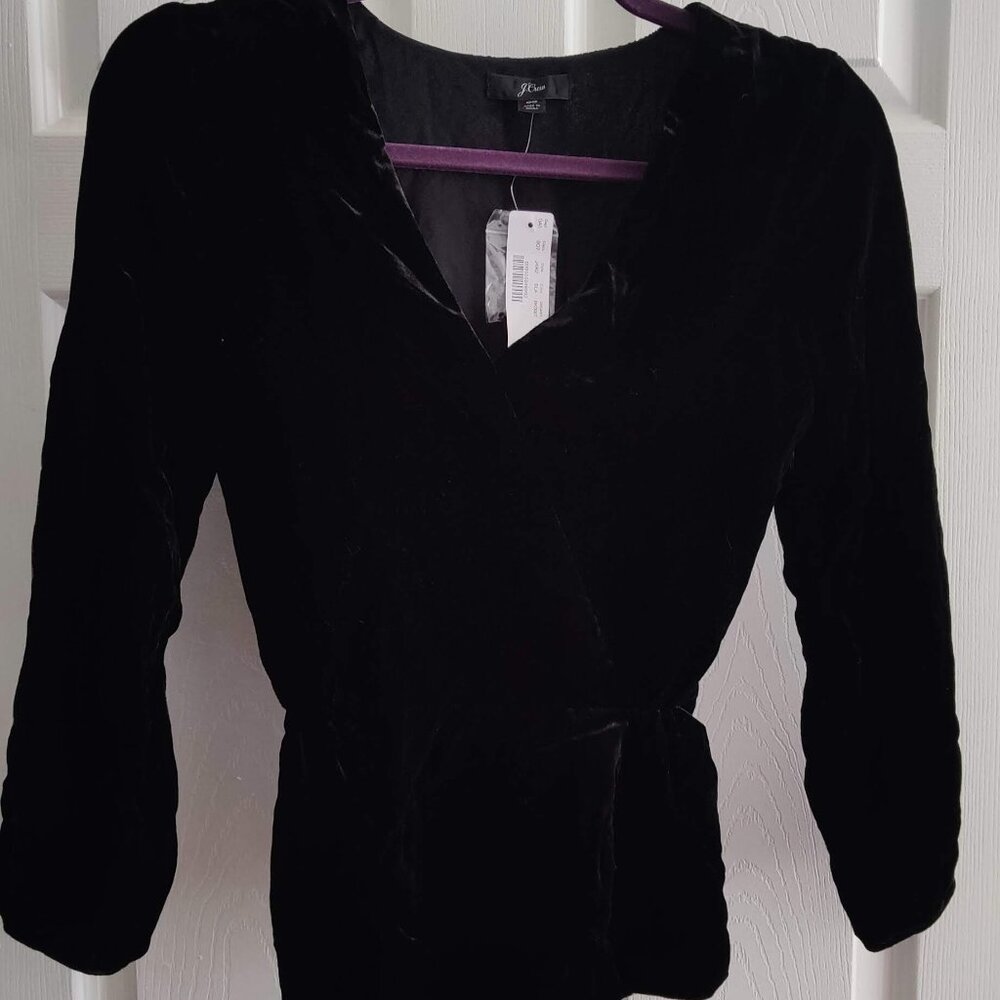 NWT 00 J Crew Faux Wrap Blouse Black Crushed Velvet Lined